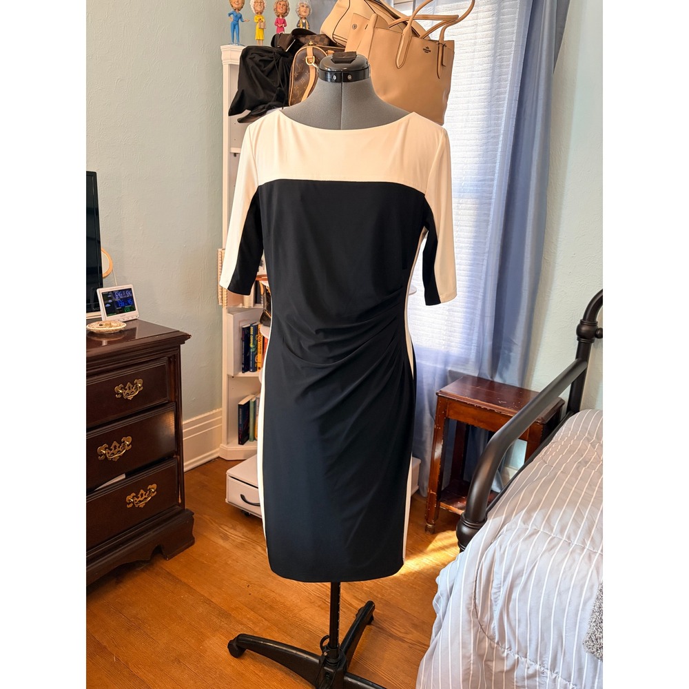 Chaps Sheath Dress L Black Cream Colorblock Ruched Elbow Sleeve Chic Work Office